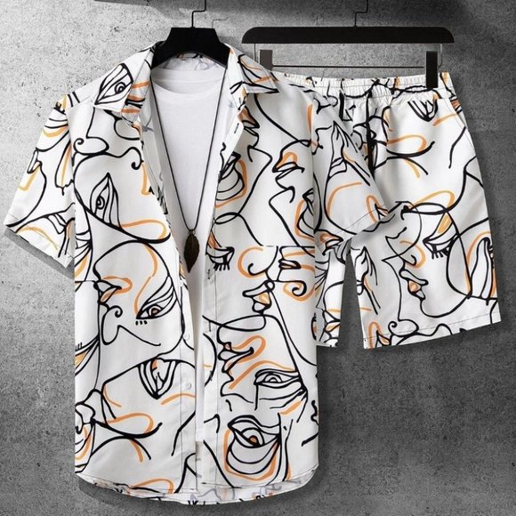 undefined Other - Street Style White Men's Figure Graphic Shirt & Short Set